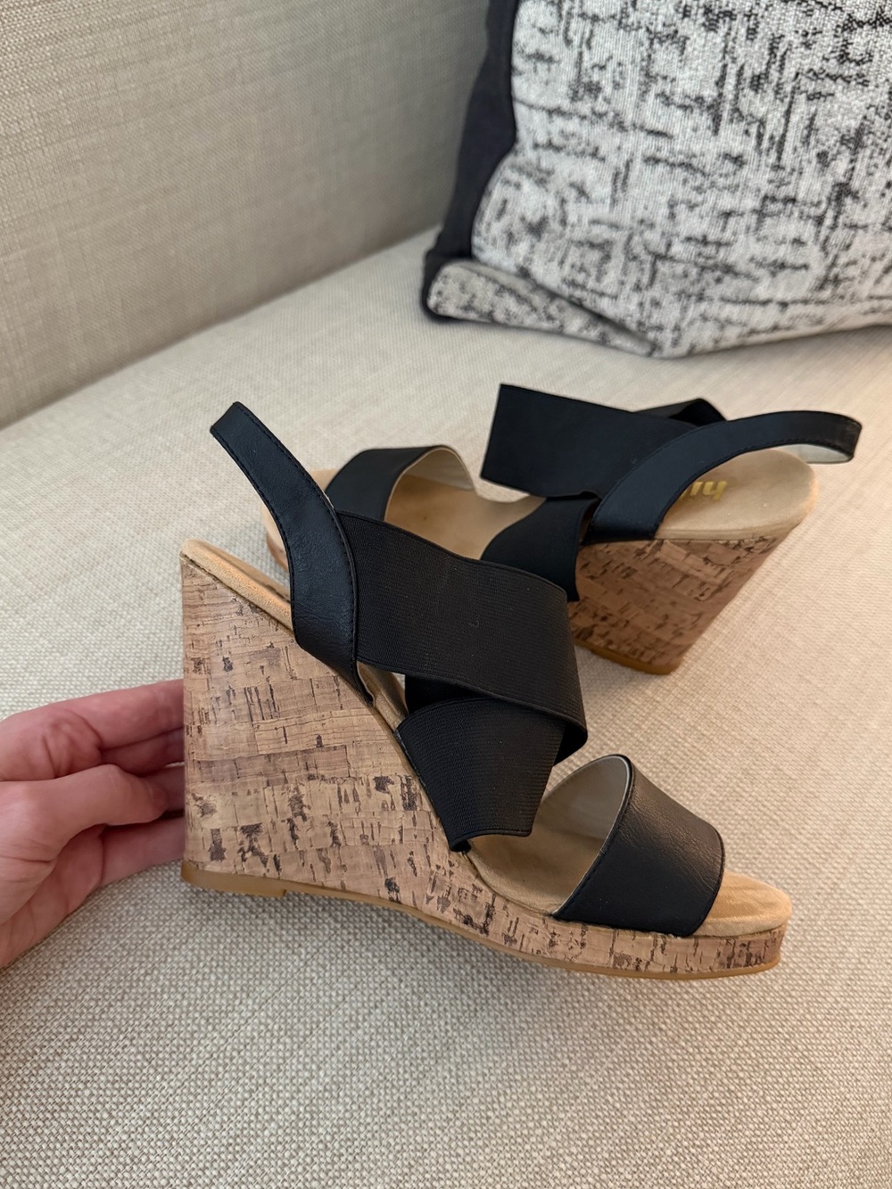 NEW Hibou Black Elastic-Strap Cork Wedge Sandals